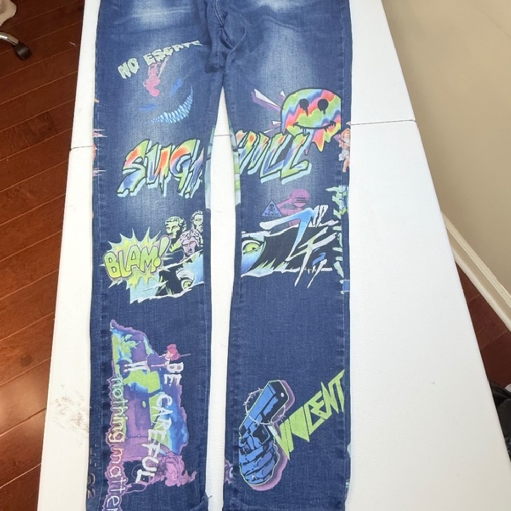 Sugarhill Men’s Psycho Trippy Bright Graphics No Escape Denim Jeans Size 40